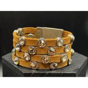 HEET Brown Leather Swarovski Crystal Studded 4 Strand Wide Rockstar Bracelet